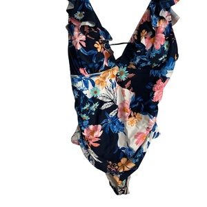 Cupshe Navy Floral Ruffle-Shoulder One-Piece Swimsuit